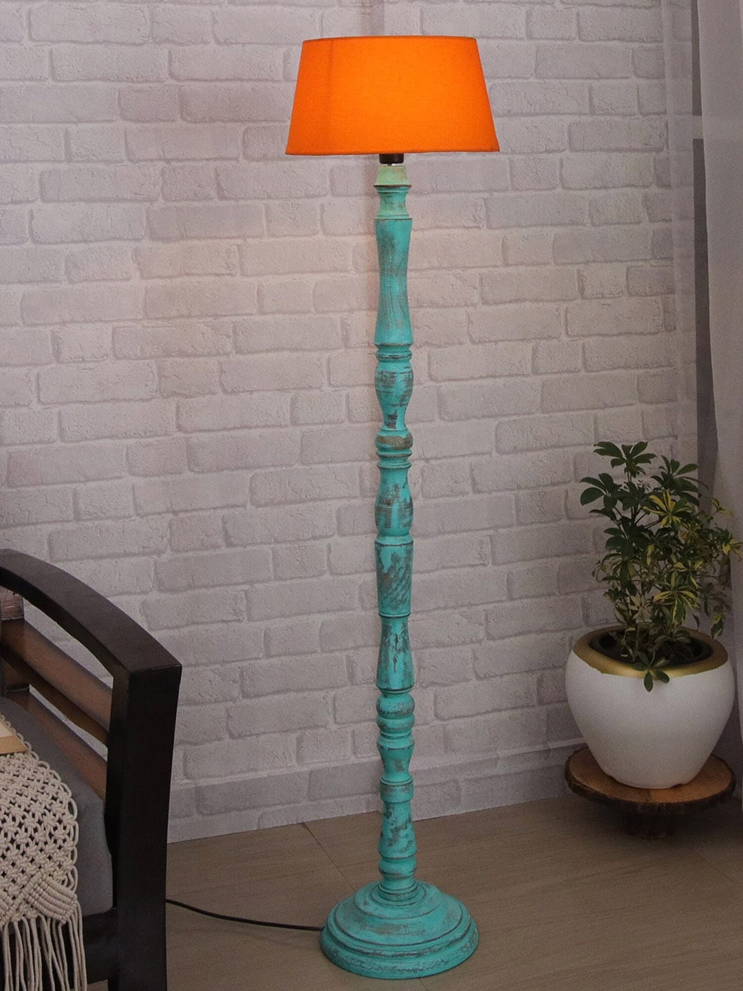 Homesake Orange & Sea Green Wood Antique Floor lamp With Drum Shade Price in India