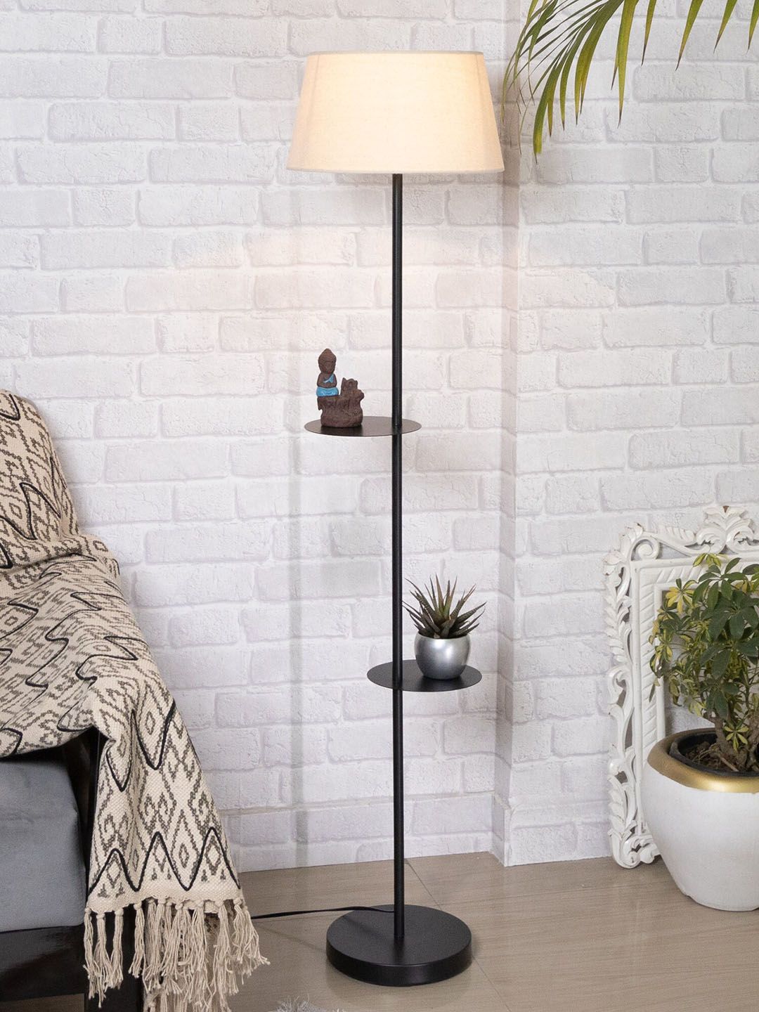 Homesake Beige & Black Contemporary Duo Shelf Metal Floor Lamp Price in India