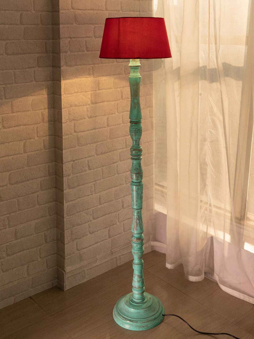 Homesake Red & Green Wood Antique Glendora Candlestick Floor Lamp With Drum Shade Price in India