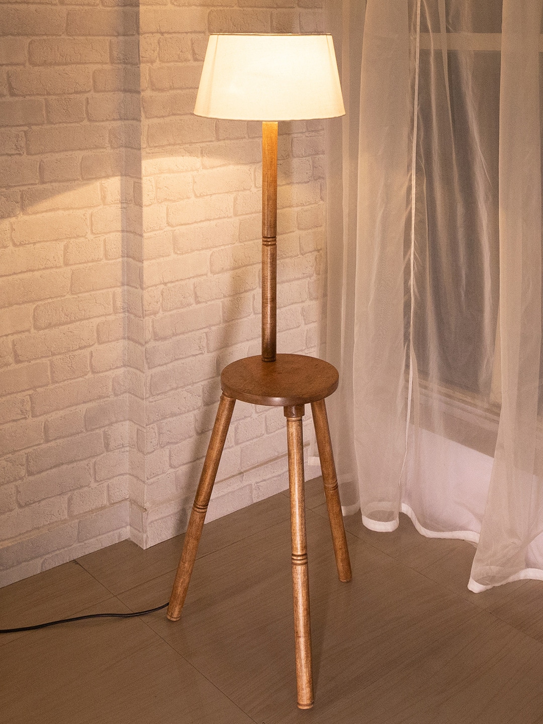 Homesake White & Beige Tripod Wooden Floor Lamp With Base Price in India