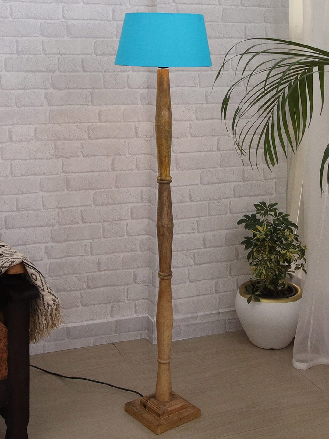 Homesake Turquoise Blue & Brown Wood Candlestick Floor Lamp With Drum Shade Price in India
