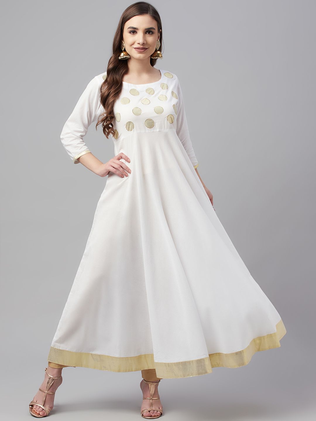 MBE Women White & Gold-Toned Yoke Design White Romance Anarkali Kurta Price in India