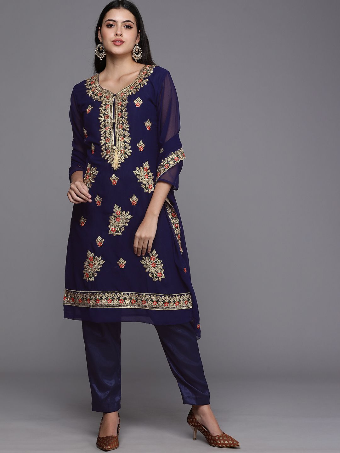 Mitera Navy Blue & Gold-Toned Embroidered Unstitched Dress Material Price in India