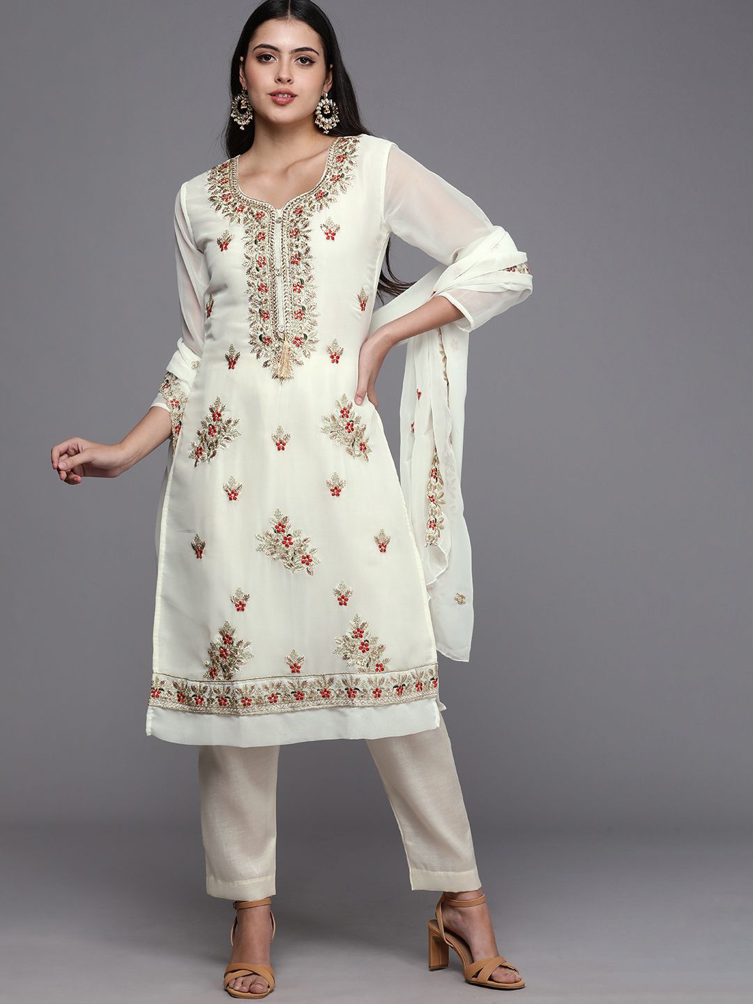 Mitera White & Beige Embroidered Unstitched Dress Material Price in India