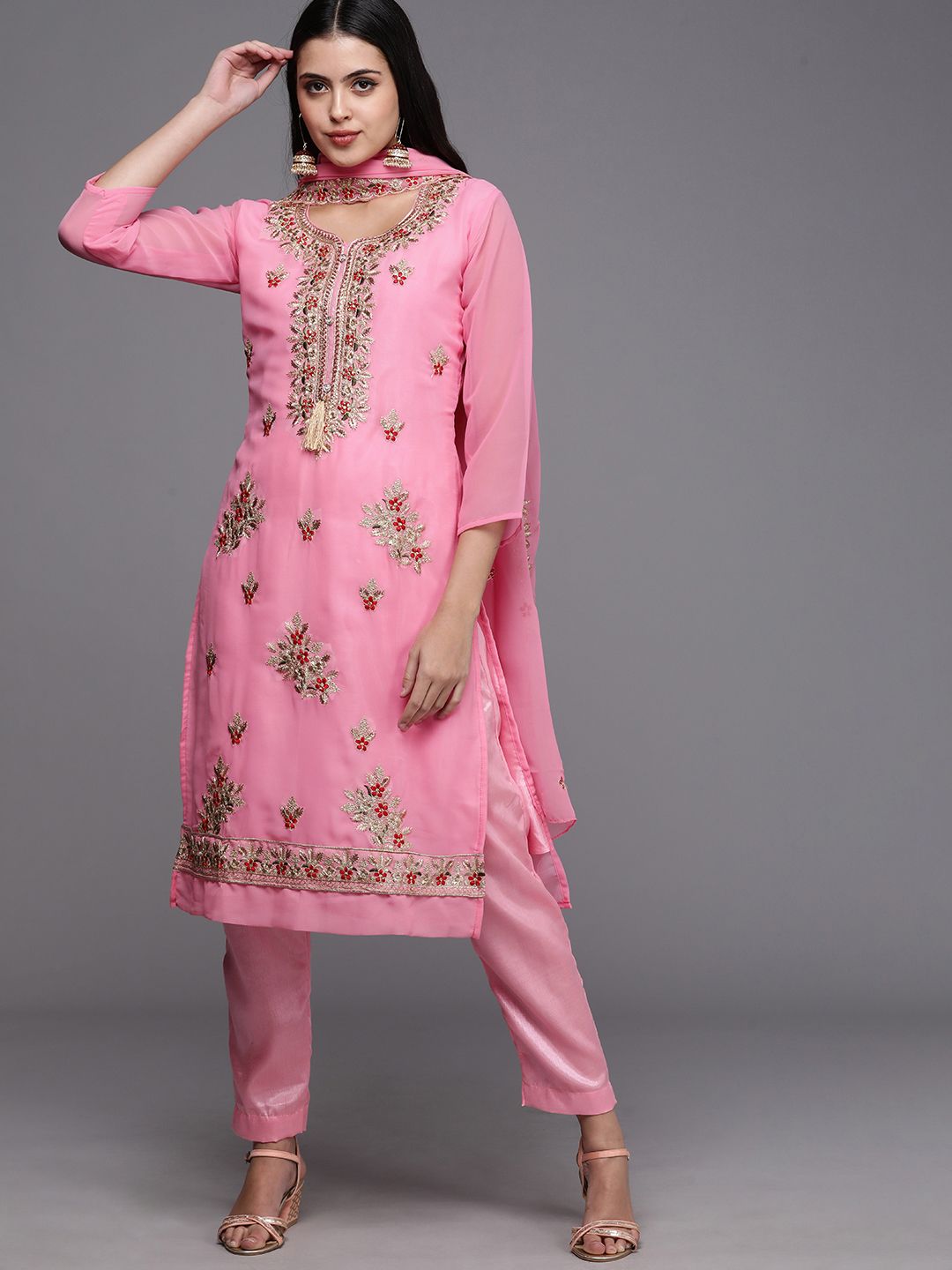 Mitera Pink & Golden Embroidered Unstitched Dress Material Price in India