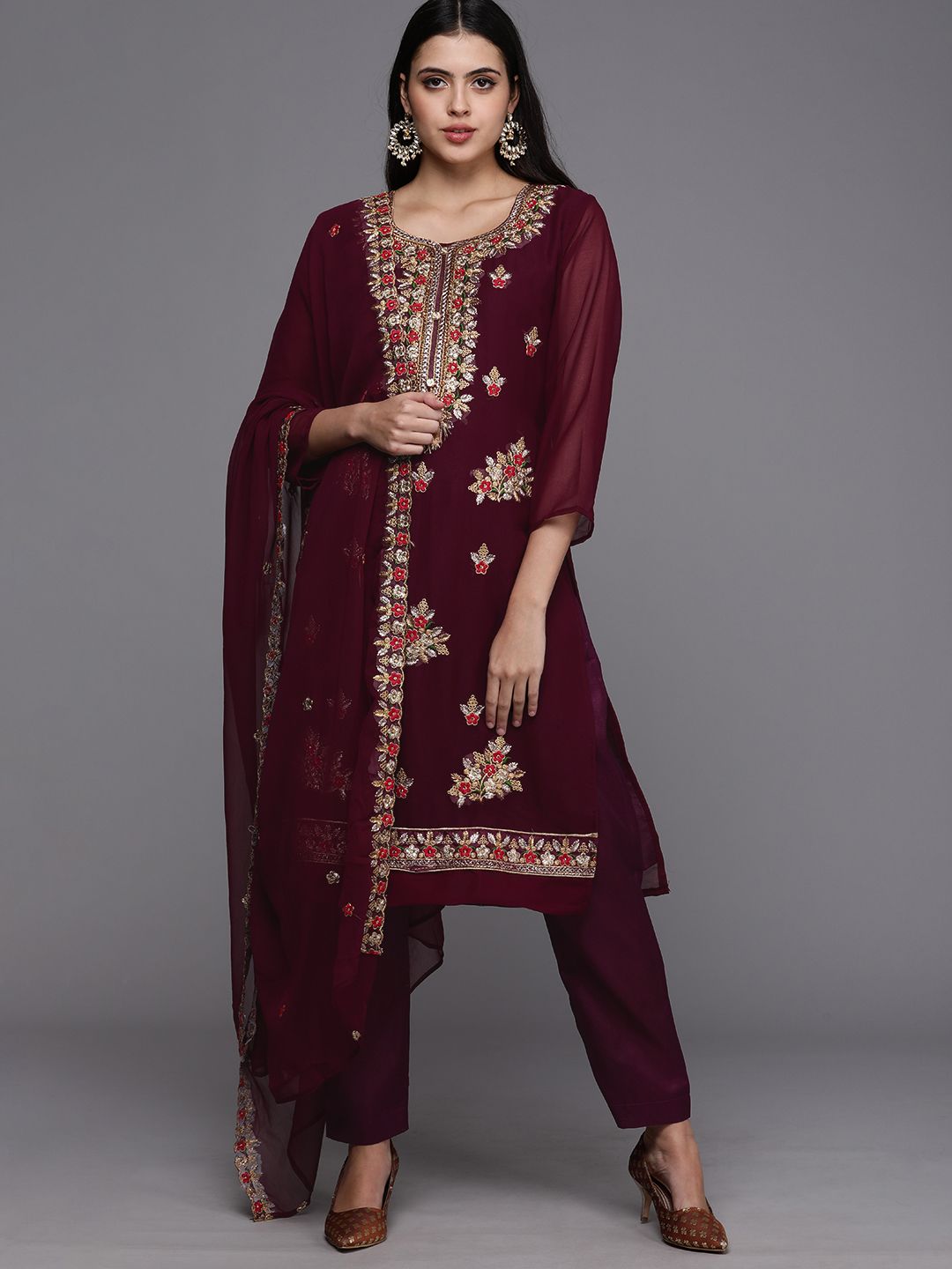 Mitera Burgundy & Gold-Toned Embroidered Unstitched Dress Material Price in India