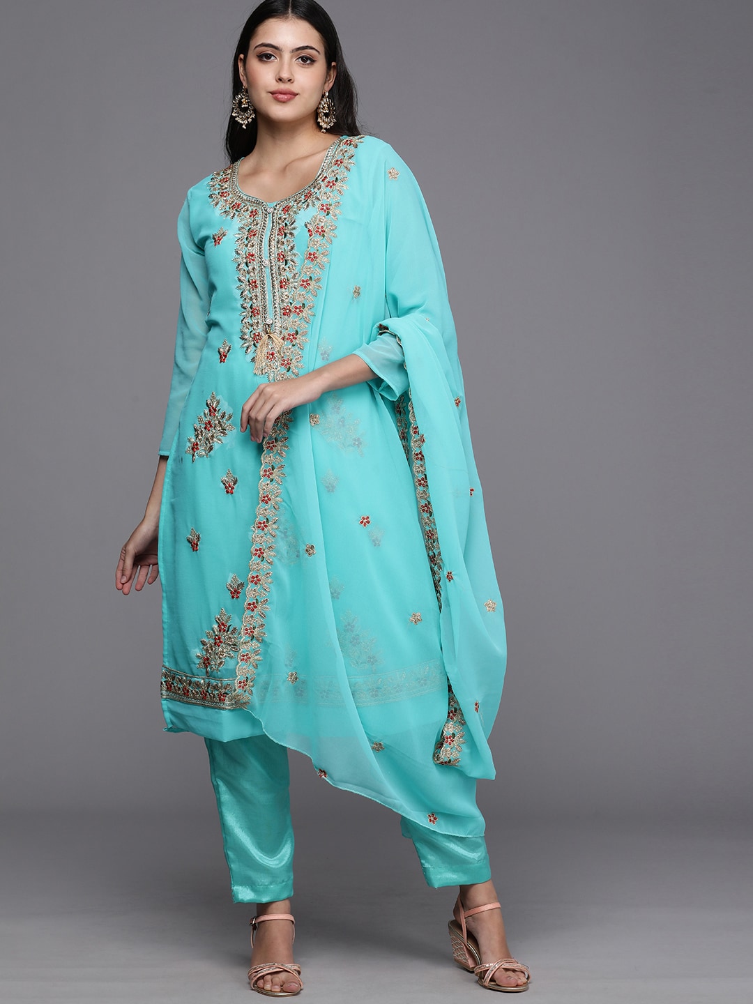Mitera Blue & Beige Embroidered Unstitched Dress Material Price in India