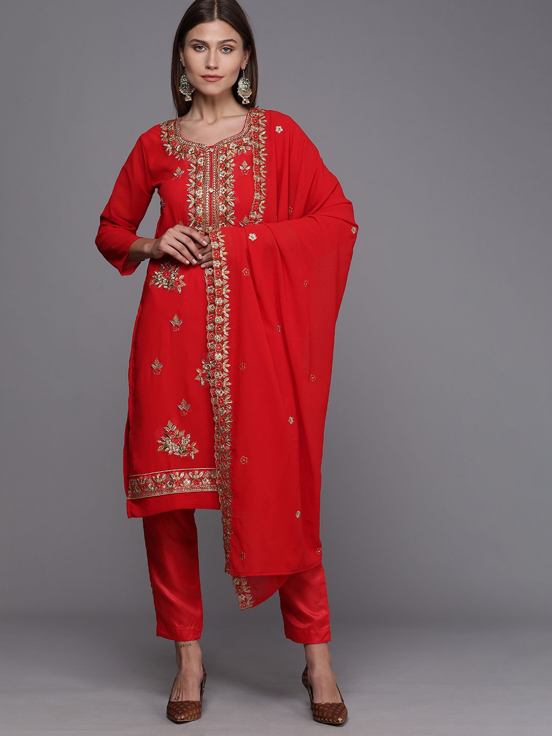 Mitera Red Embroidered Unstitched Dress Material Price in India
