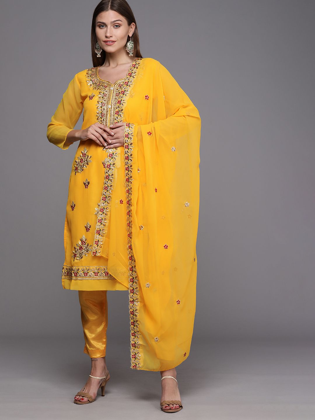 Mitera Yellow Embroidered Unstitched Dress Material Price in India