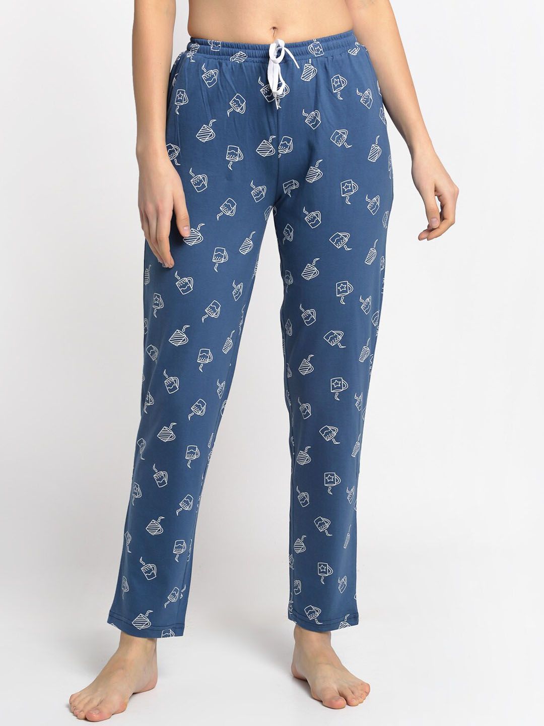 Claura Women Blue & White Printed Pure Cotton Lounge Pants Price in India