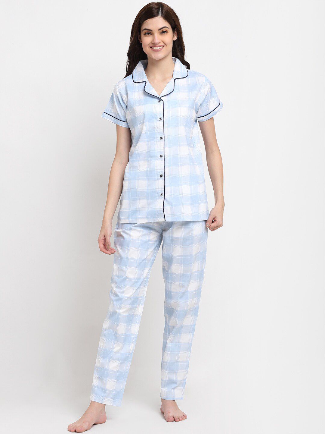 Claura Women White & Blue Checked Night suit Price in India