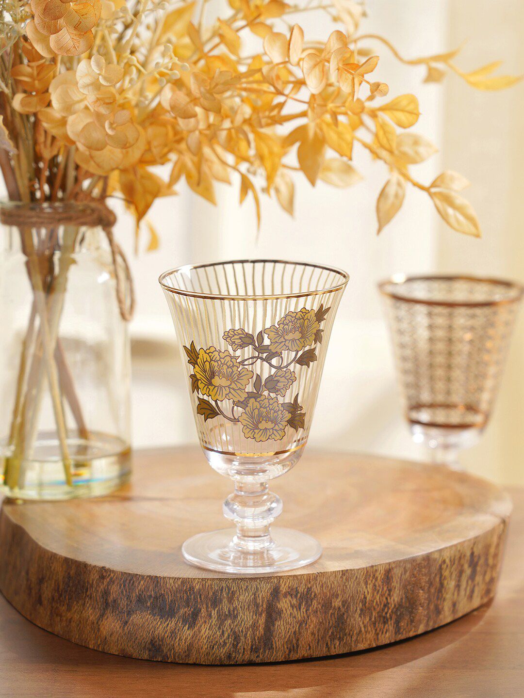 Pure Home and Living Set Of 4 Gold-Toned Floral Printed Wine Glass Price in India