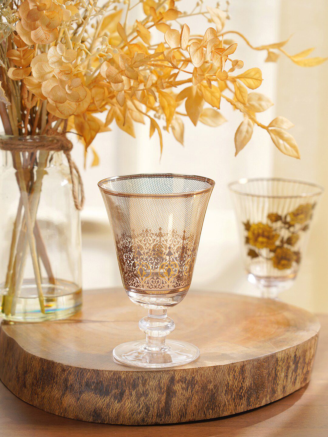 Pure Home and Living Set Of 4 Gold-Toned & Grey Printed Wine Glass Price in India