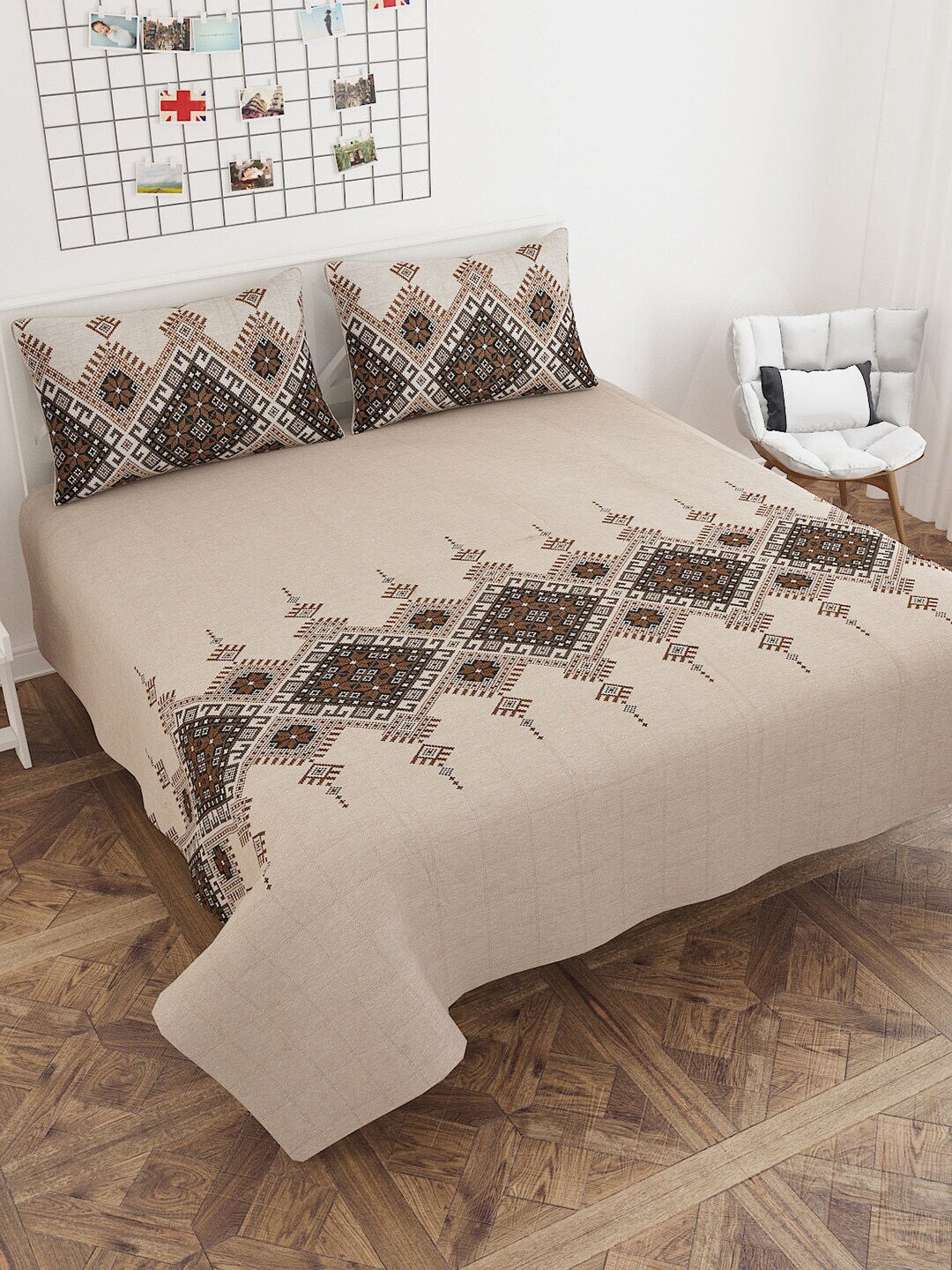 MULTITEX Camel Brown & Beige Printed 380 TC Double King Bed Cover with 2 Pillow Covers Price in India