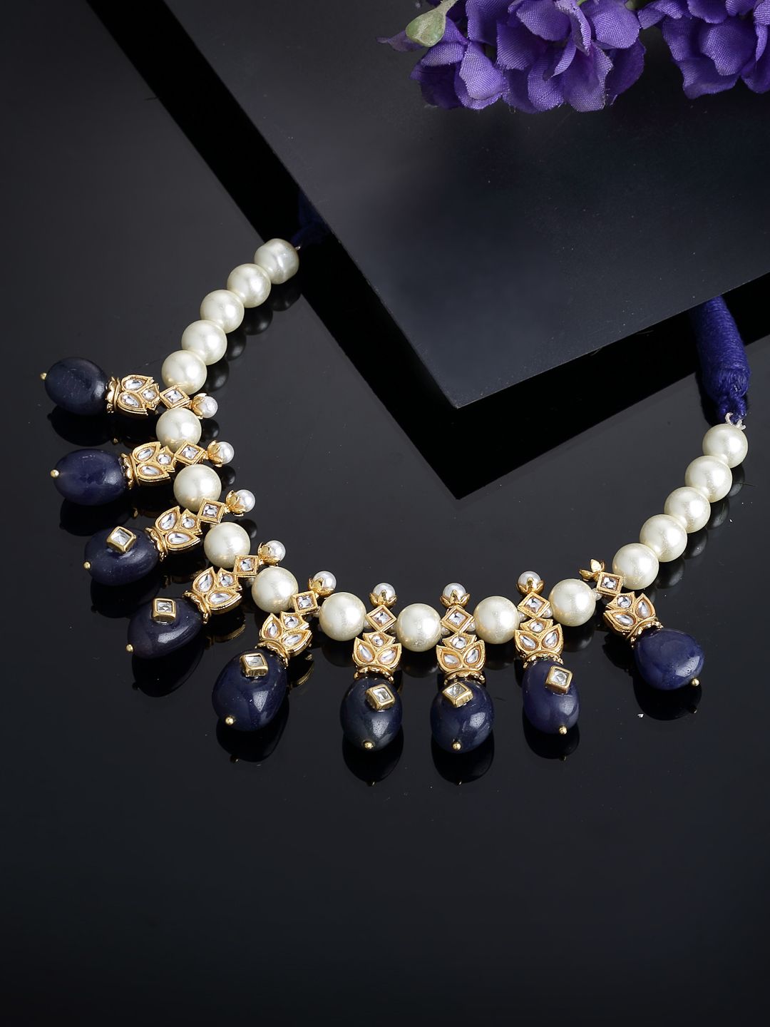 DUGRISTYLE Navy Blue & Gold-Toned Sterling Silver Gold-Plated Handcrafted Necklace Price in India