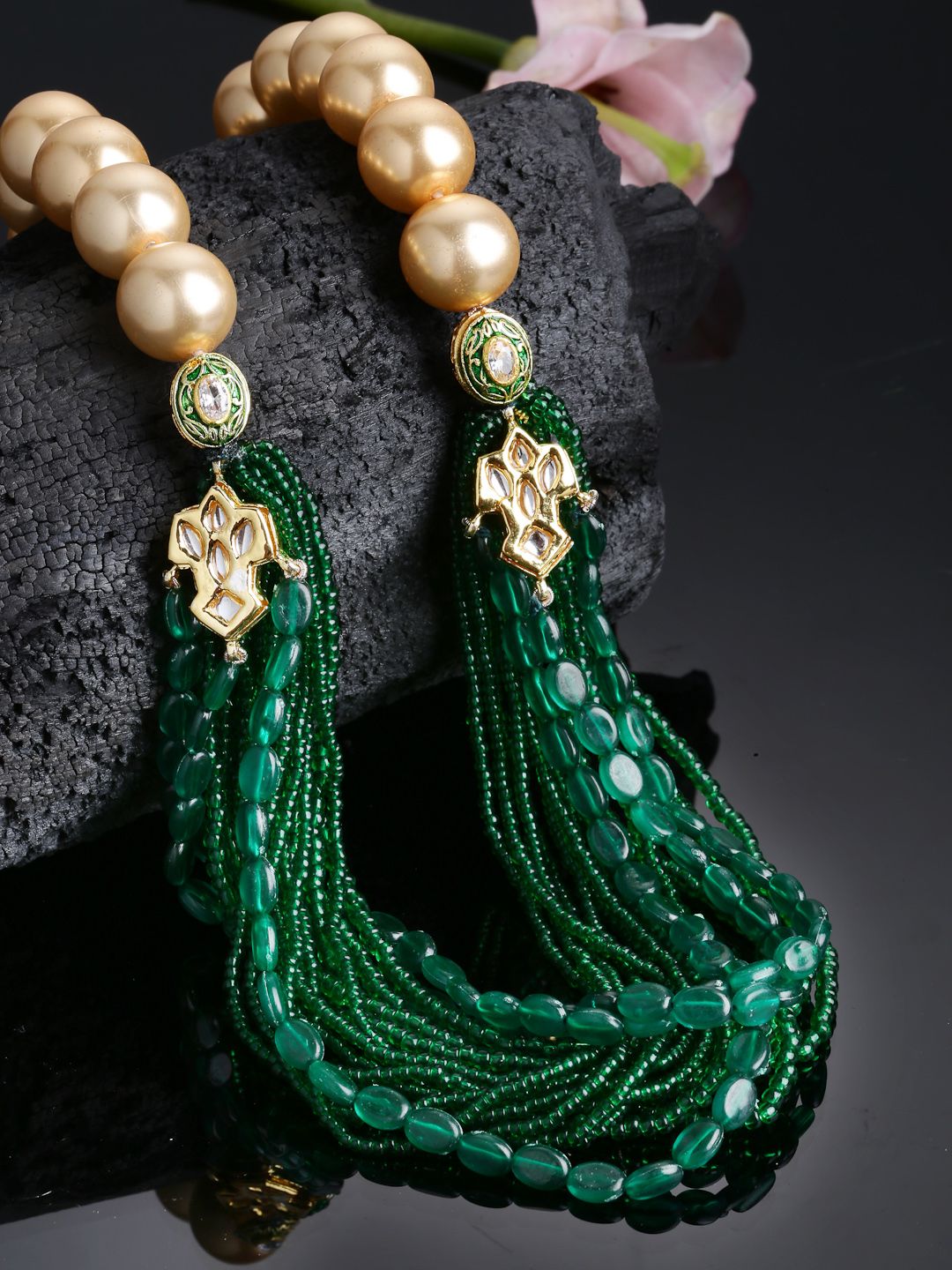 DUGRISTYLE Gold-Toned & Green Sterling Silver Gold-Plated Layered Necklace Price in India
