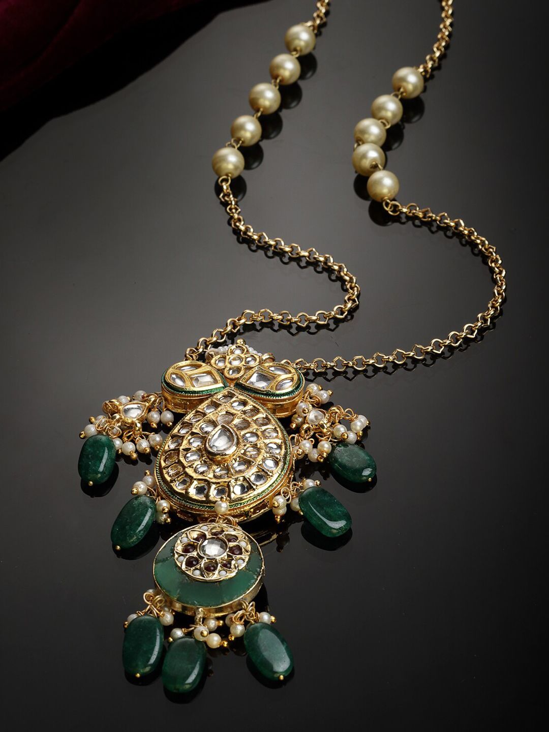 DUGRISTYLE Gold-Toned & Green Beads Sterling Silver Necklace Price in India