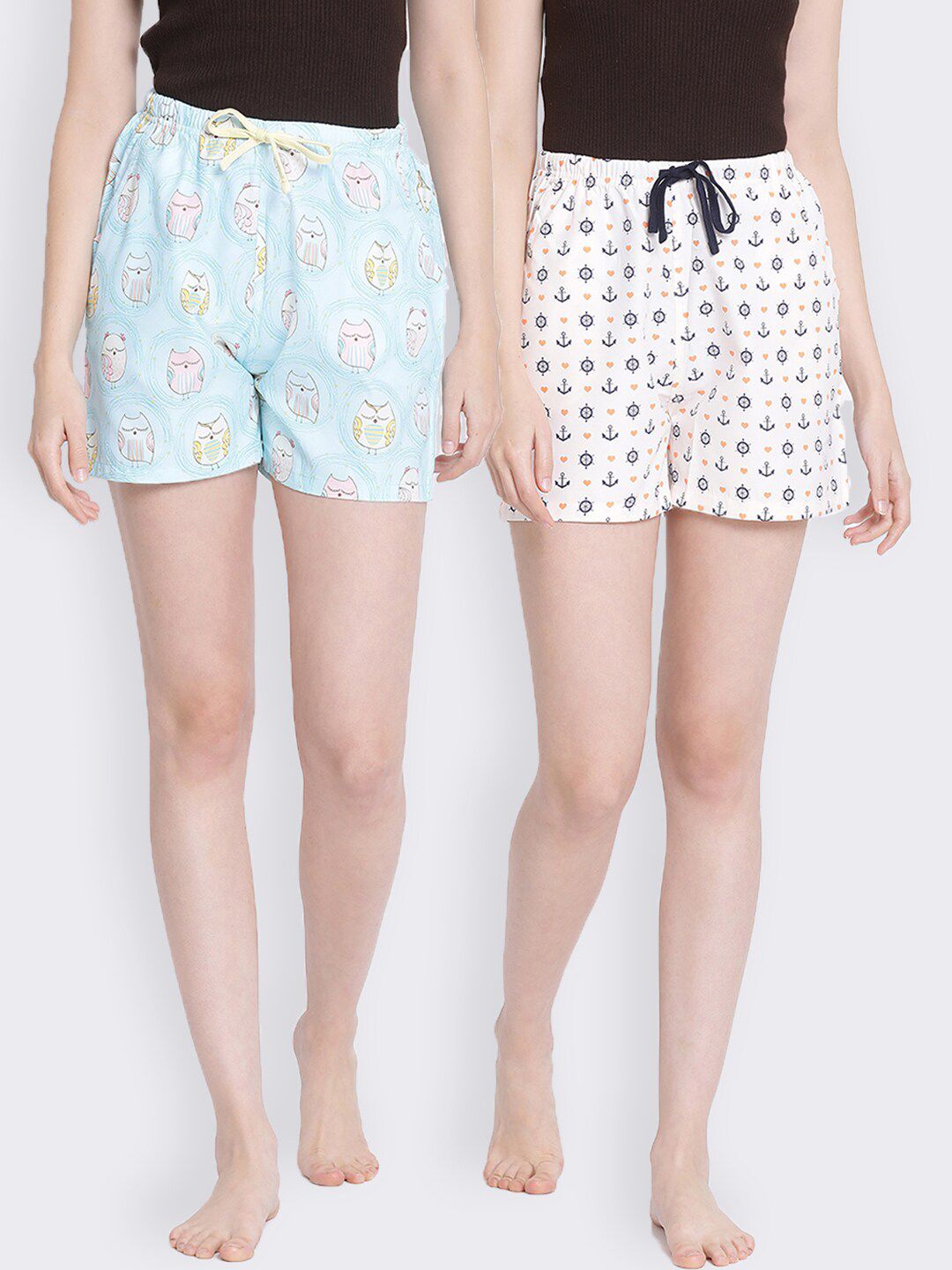 Kanvin Women Pack Of 2 White & Blue Printed Lounge Shorts Price in India