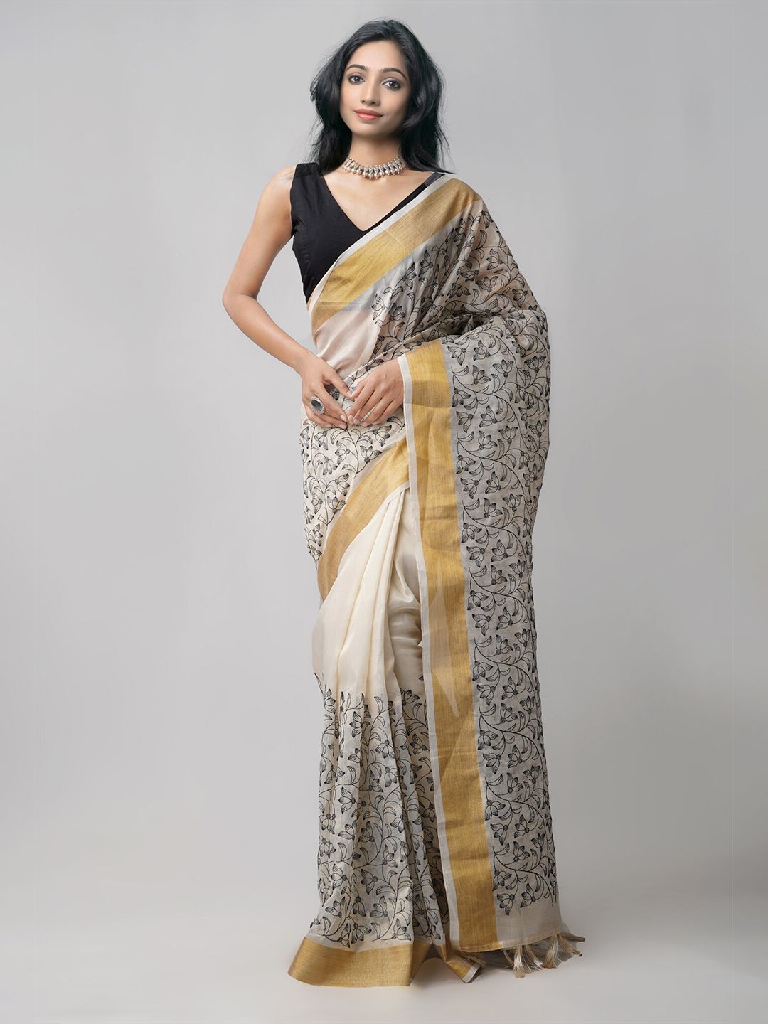 Unnati Silks Cream-Coloured & Black Ethnic Motifs Embroidered Tissue Banarasi Saree