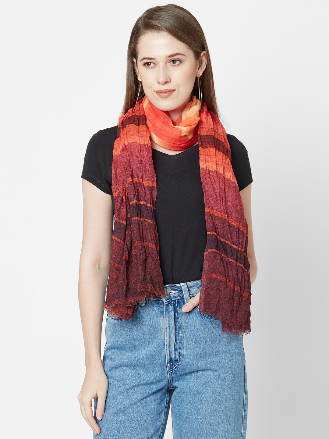 Cloth Haus India Women Red & Peach-Coloured Striped Scarf Price in India