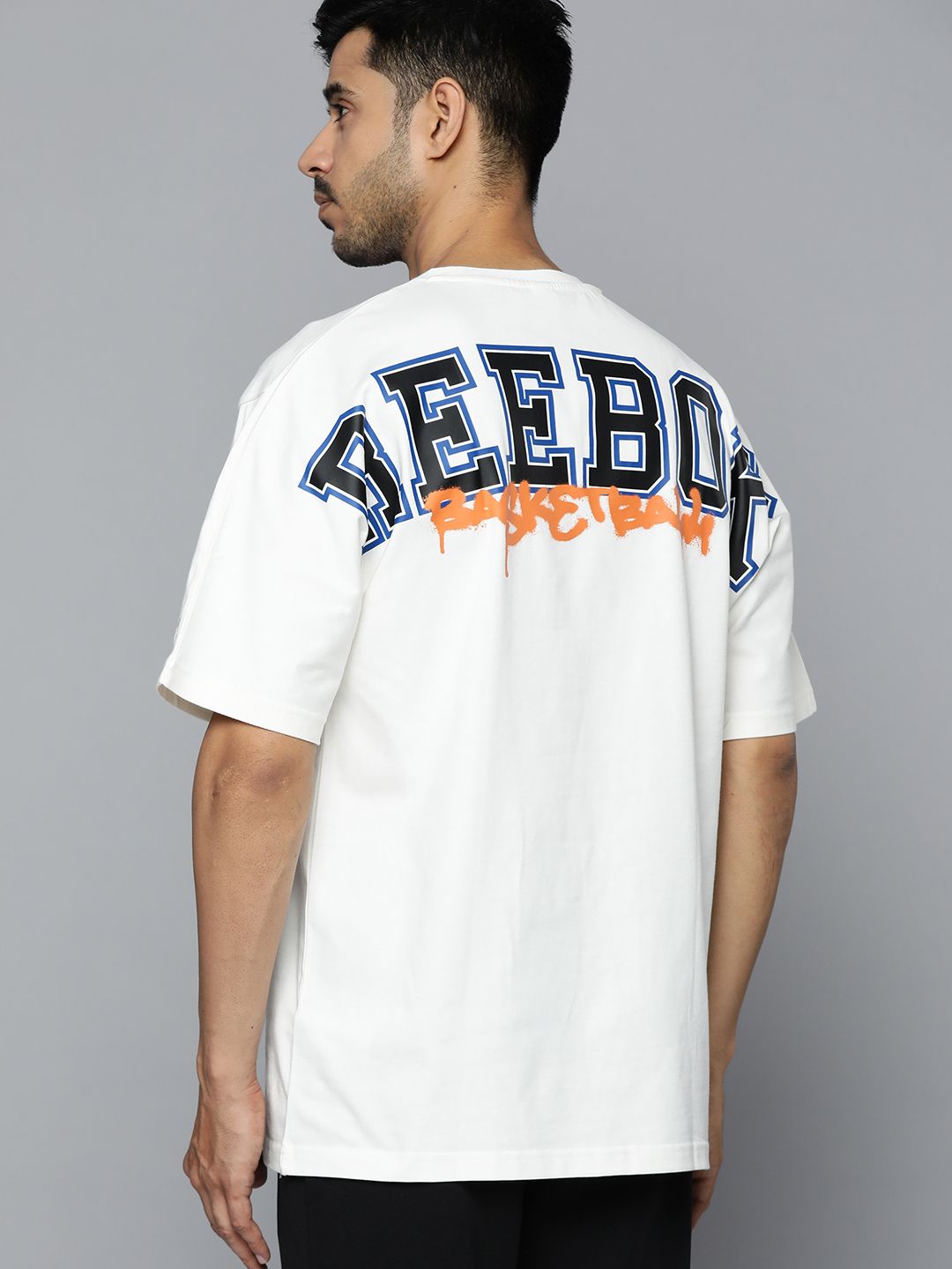 Reebok Classic Unisex White & Navy Blue Pure Cotton Typography Printed T-shirt Price in India