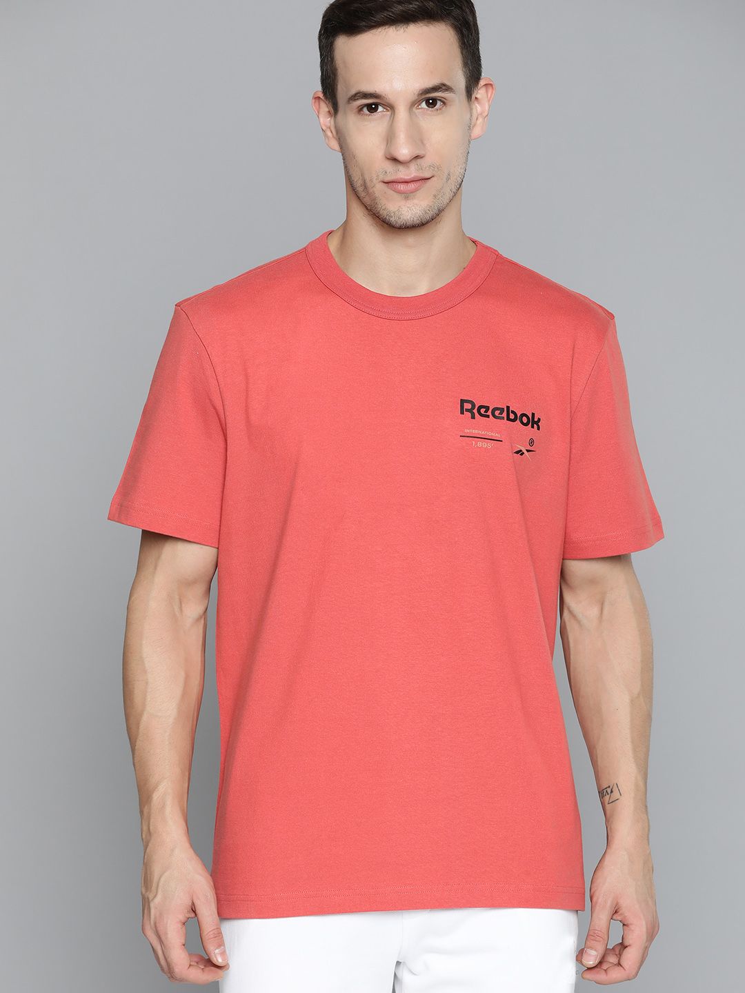 Reebok Classic Unisex Coral Red Pure Cotton Brand Logo Printed T-shirt Price in India