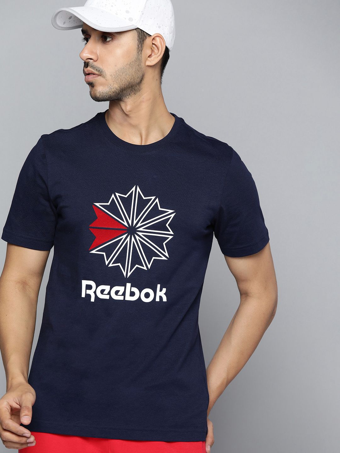 Reebok Classic Unisex Navy Blue & White Pure Cotton Brand Logo Printed T-shirt Price in India