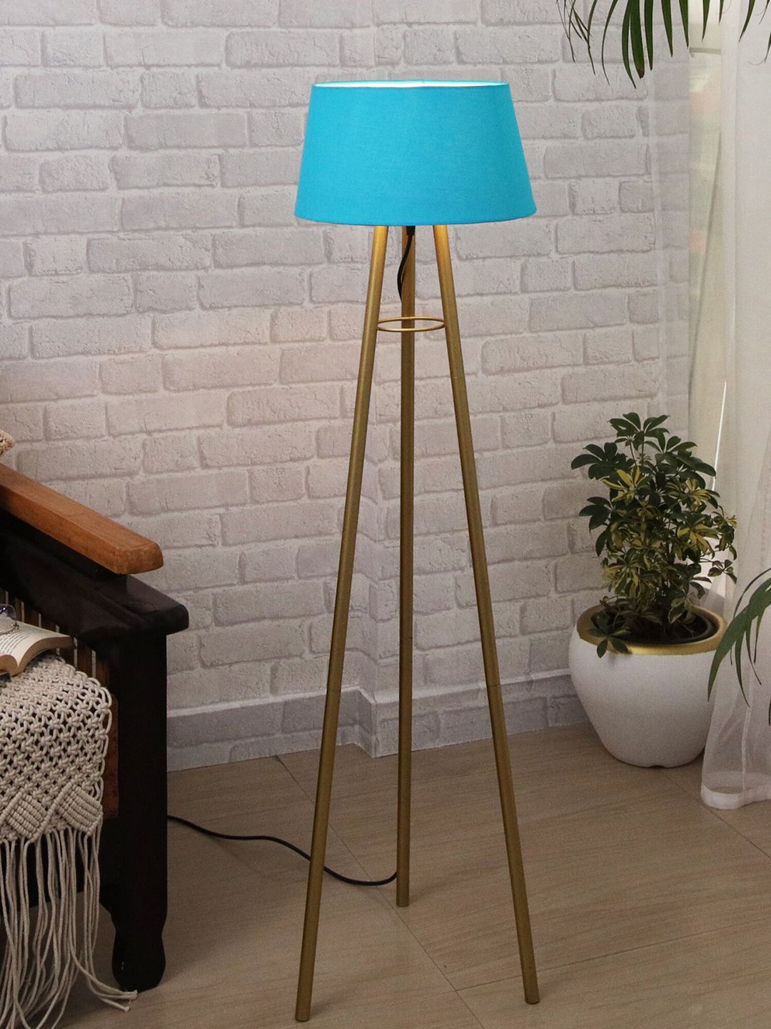 Homesake Turquoise Shade Golden Metal Tripod Floor Lamp Price in India