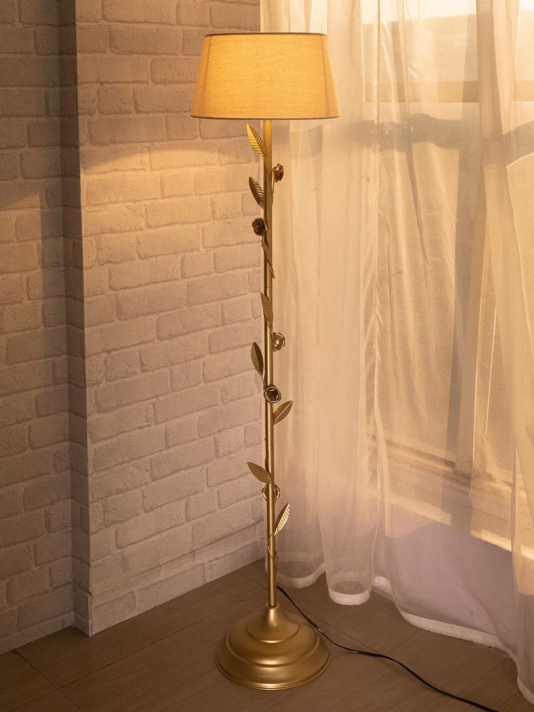 Homesake Beige & Golden Contemporary Metal Floral Floor Lamp with Khadi Shade Price in India