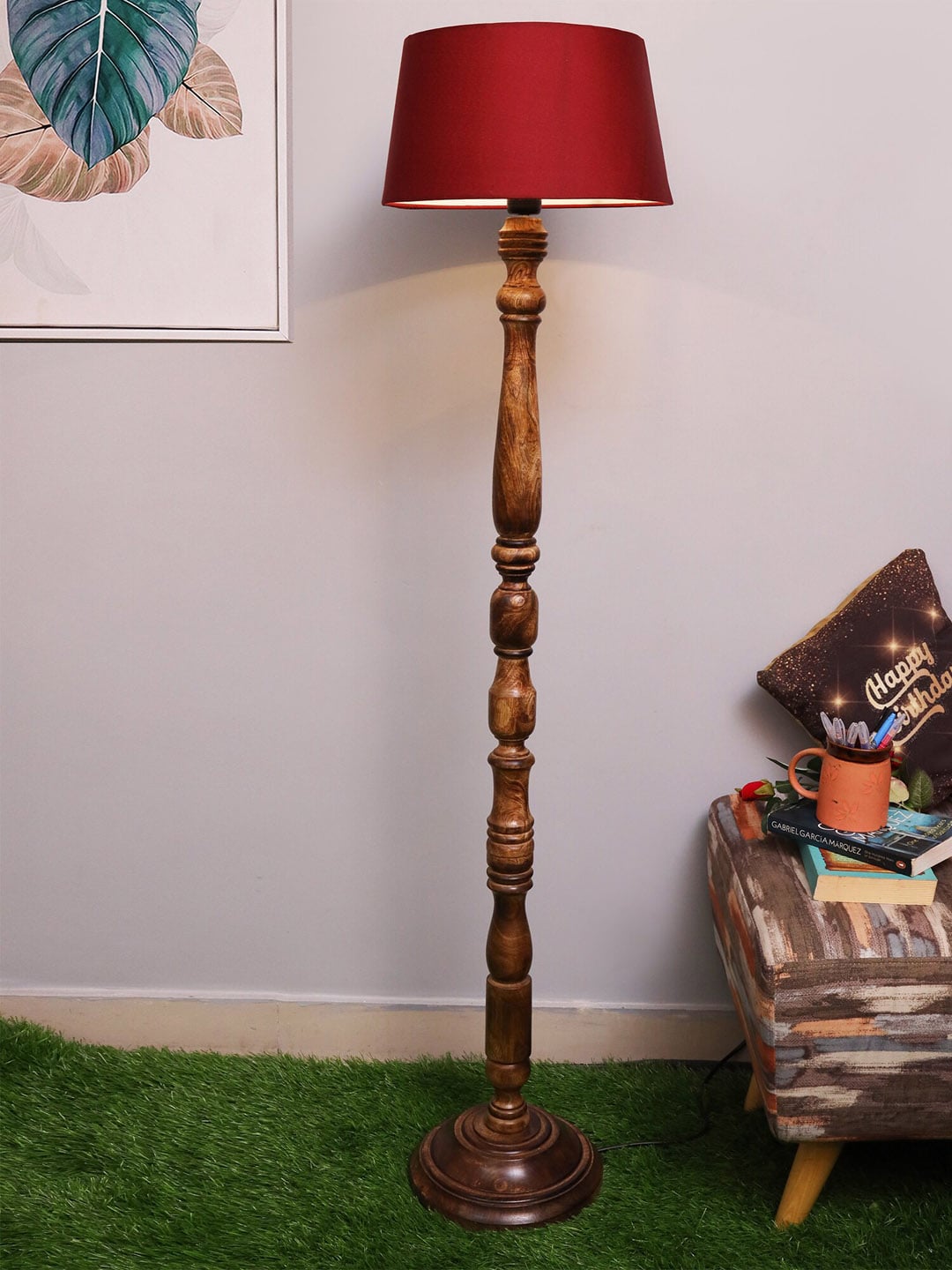 Homesake Red Classic Rustic Black Finish Wooden Floor Lamp with Shade Price in India