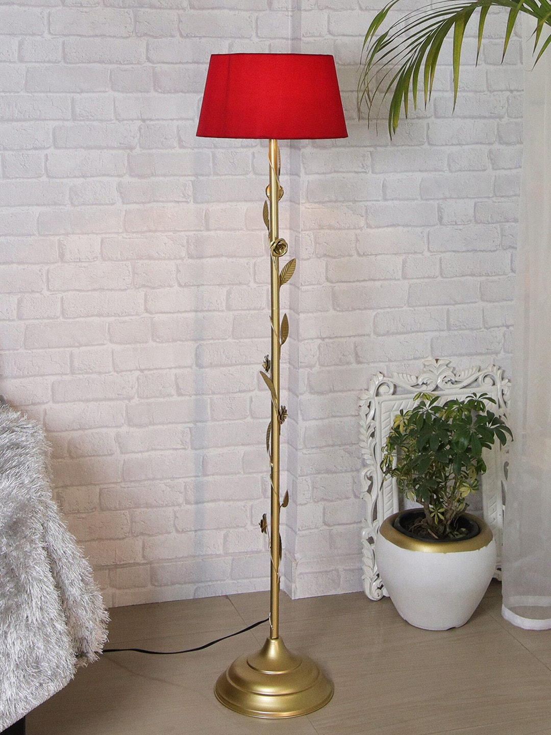 Homesake Red & Gold-Toned Metal Floral Floor Lamp Price in India