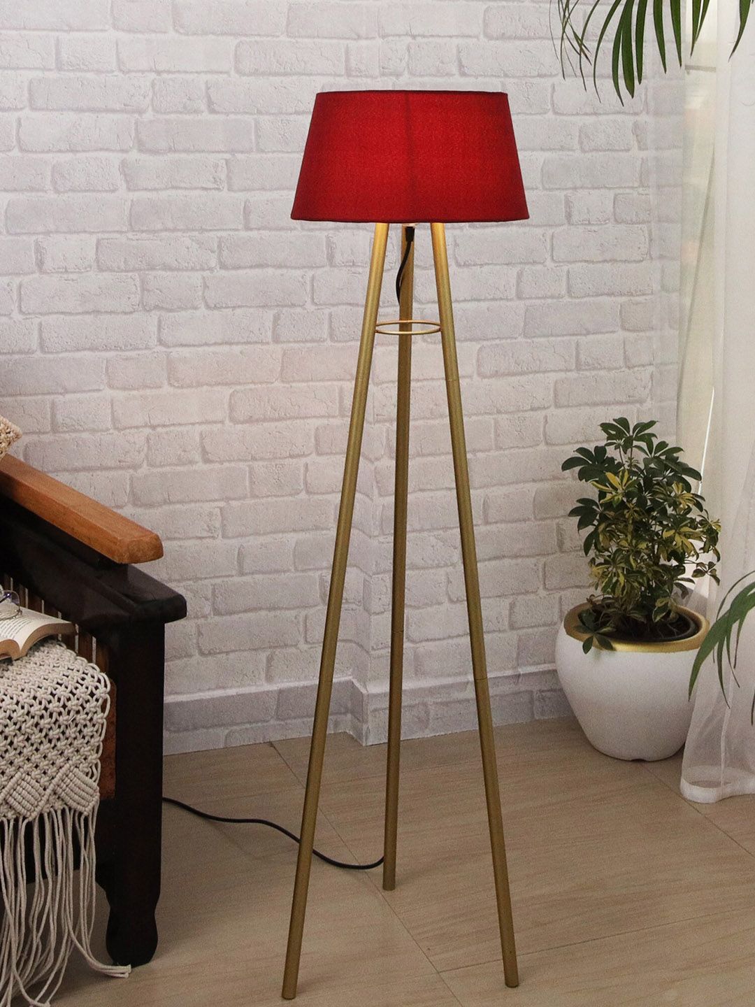 Homesake Red & Gold-toned Metal Tripod Floor Lamp with Iron Leg Price in India