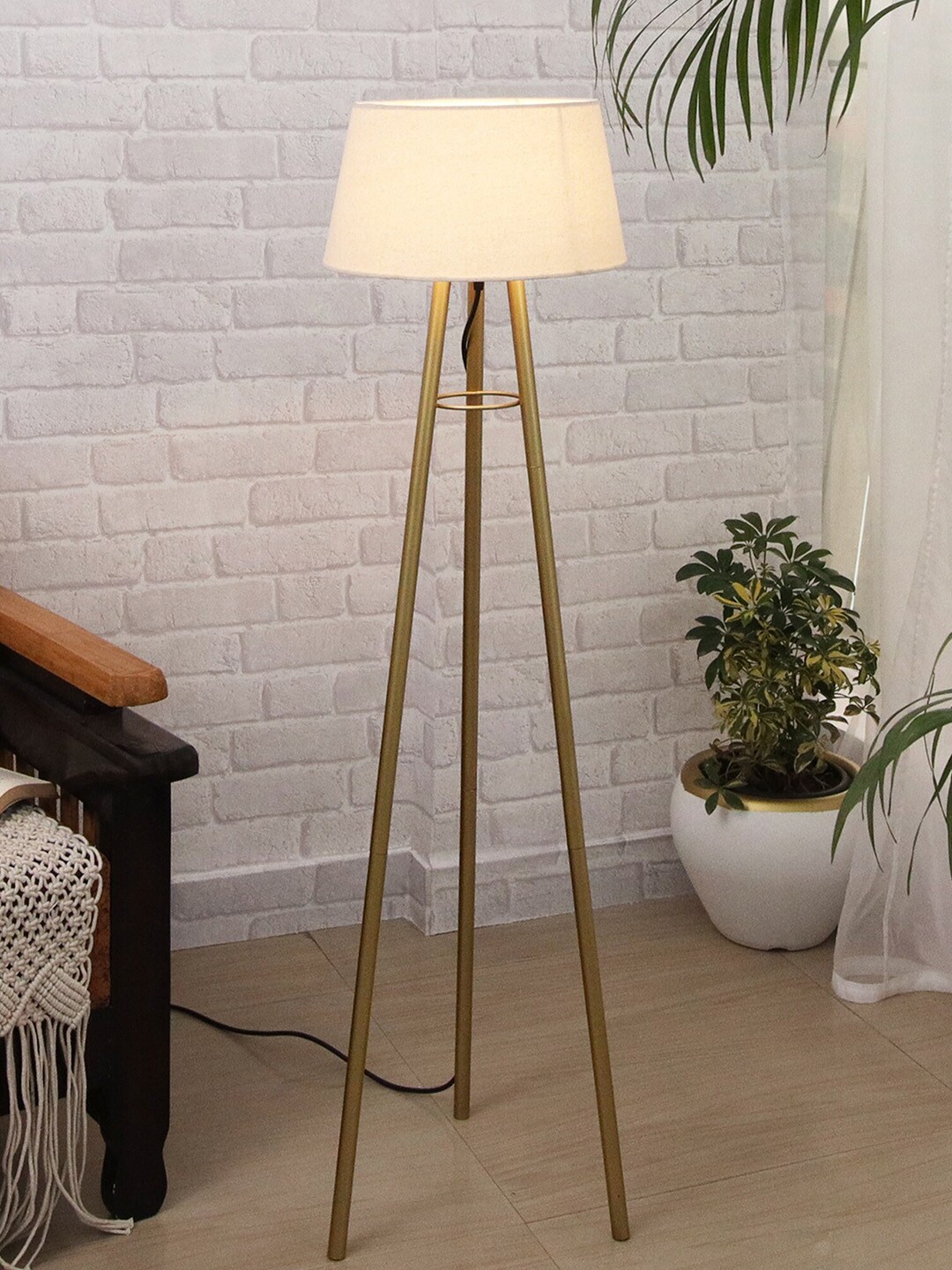 Homesake White & Gold Toned Mid Century Metal Tripod Floor Lamp with Shade Price in India