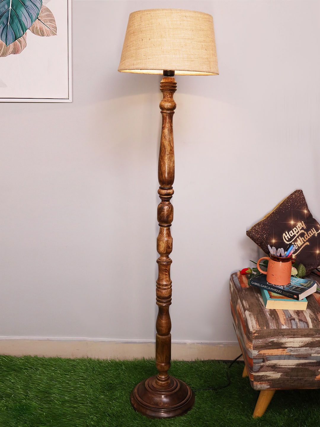 Homesake Beige Classic Rustic Black Finish Wooden Floor Lamp With Jute Shade Price in India