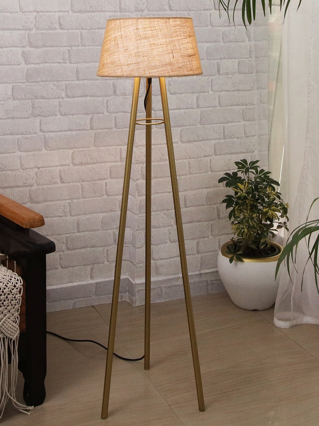 Homesake Beige & Gold Toned Contemporary Tripod Floor Lamp With Jute Shade Price in India