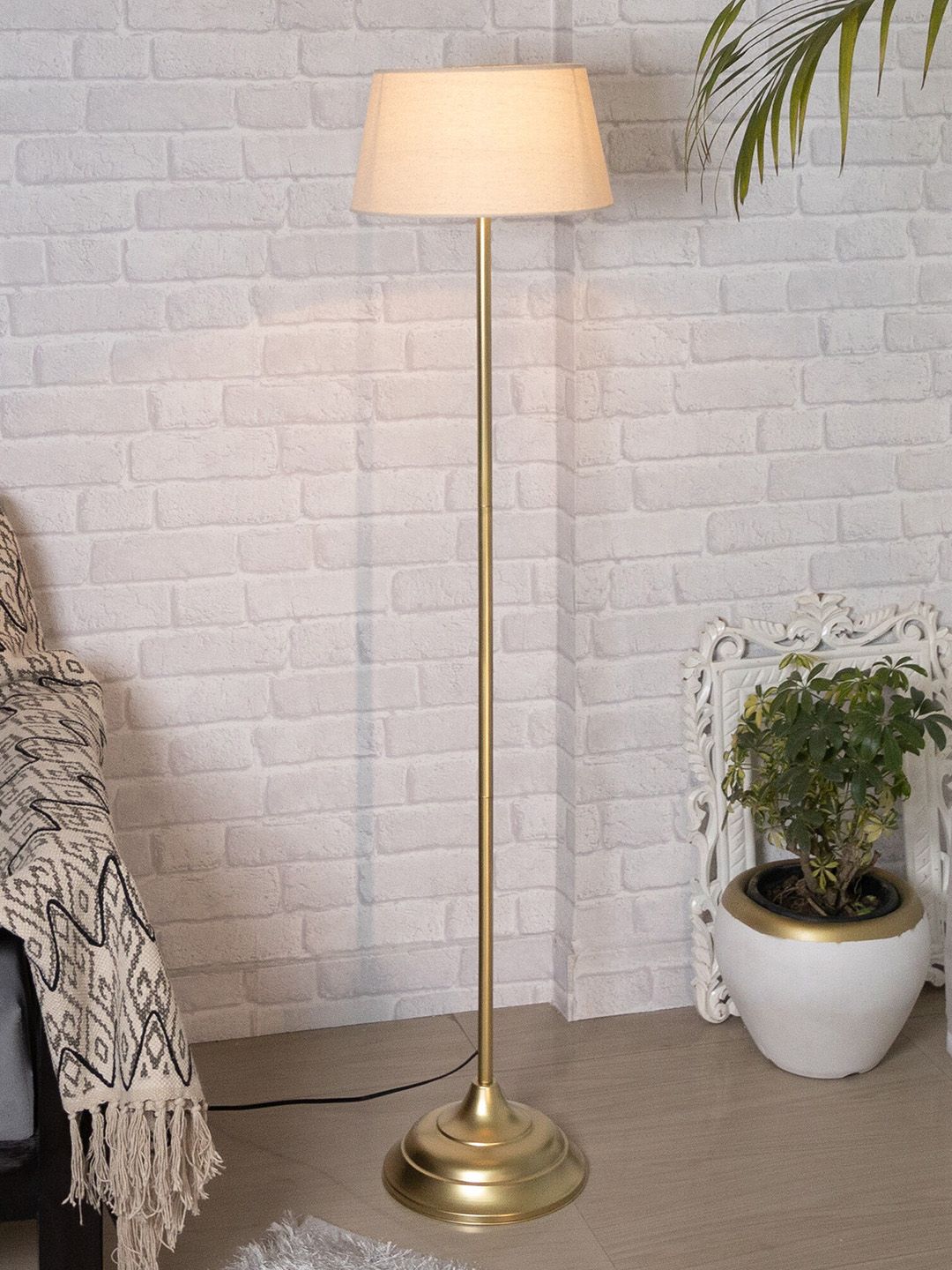 Homesake Golden Metal Straight Floor Lamp with Khadi Shade Price in India