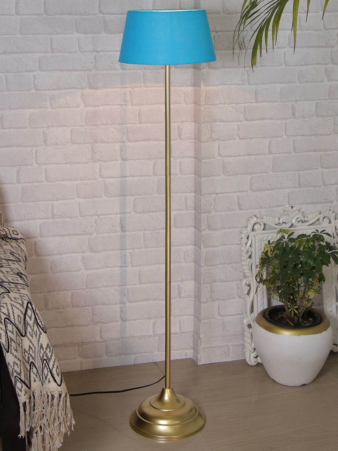 Homesake Turquoise Blue & Gold Toned Contemporary Metal Straight Floor Lamp with Shade Price in India
