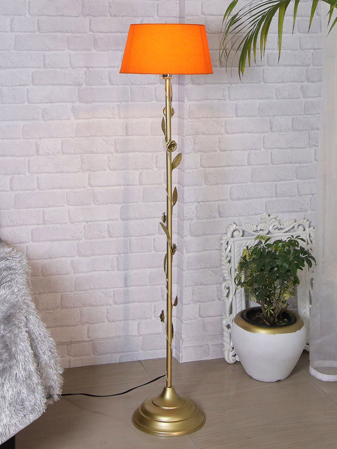 Homesake Golden & Orange Metal Floral Floor Lamp With Shade & Bulb Price in India