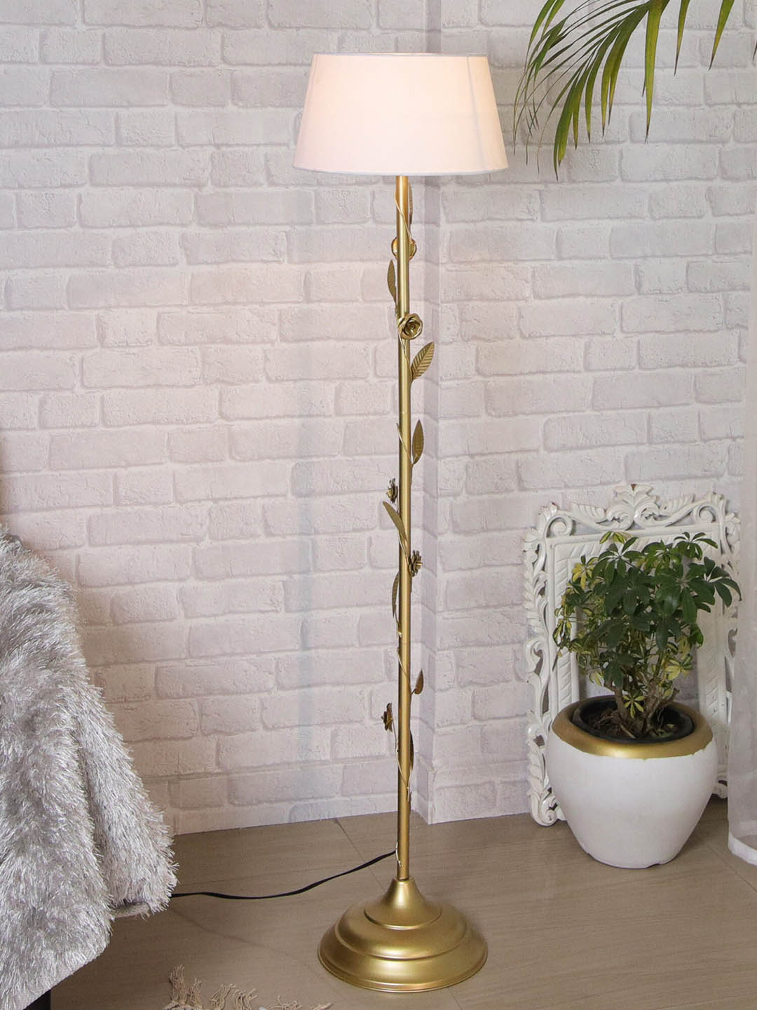 Homesake White Gold-Toned Metal Floral Floor Lamp with Shade Price in India