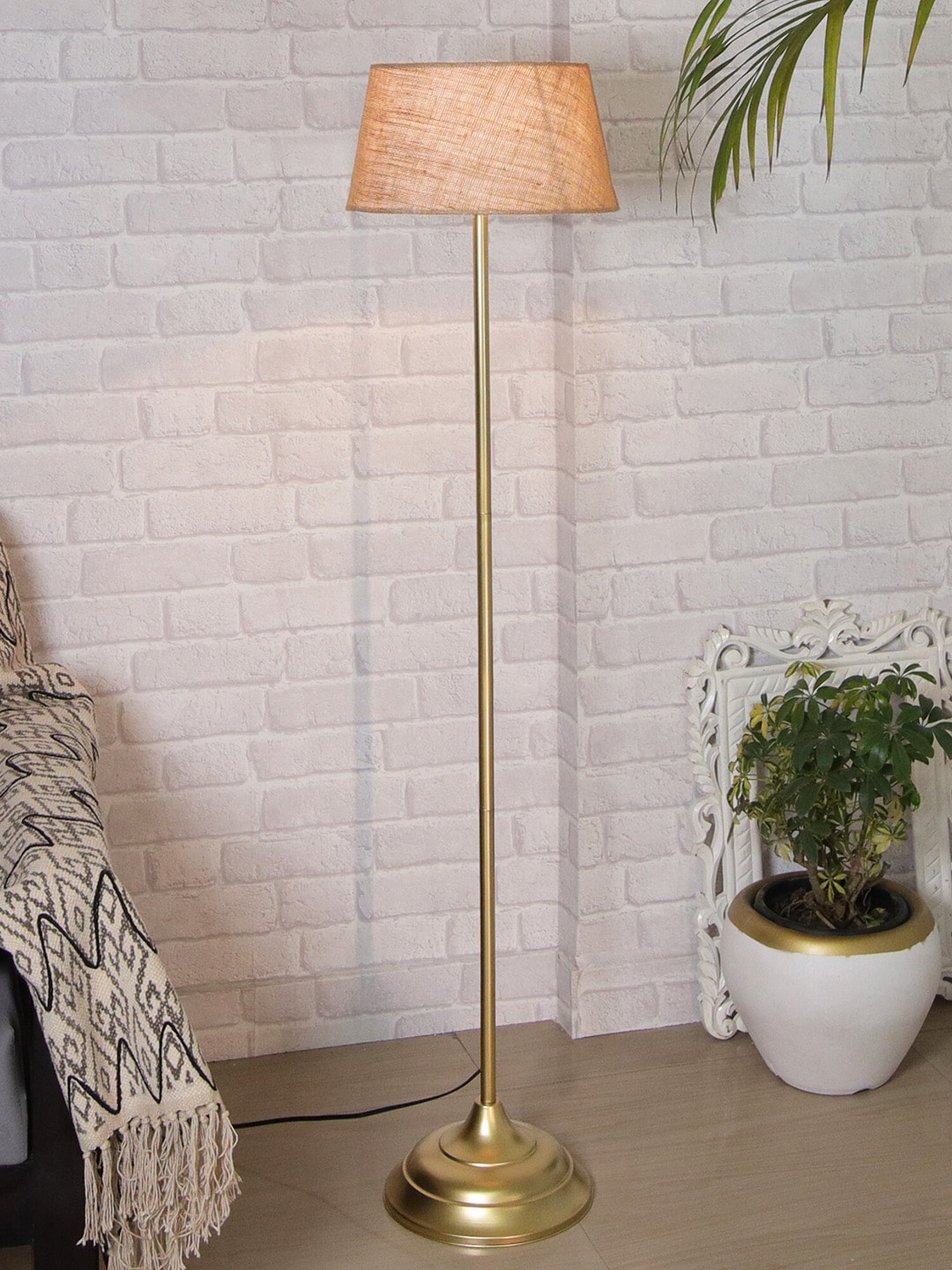 Homesake Brown & Gold Metal Floor Lamp With Shade & Bulb Price in India