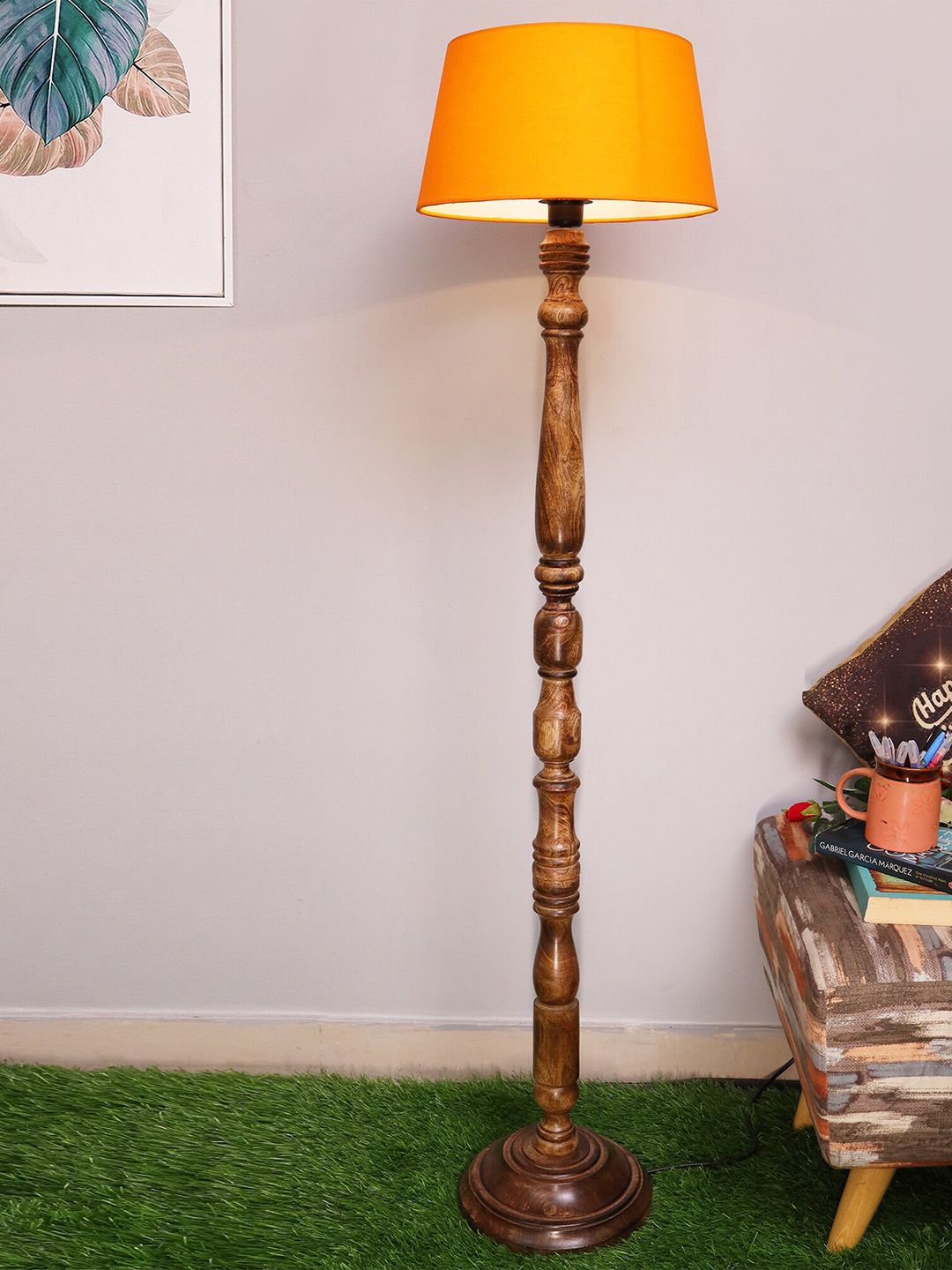 Homesake Orange & Brown Classic Rustic Eclipse Finish Wooden Floor Lamp with Shade Price in India