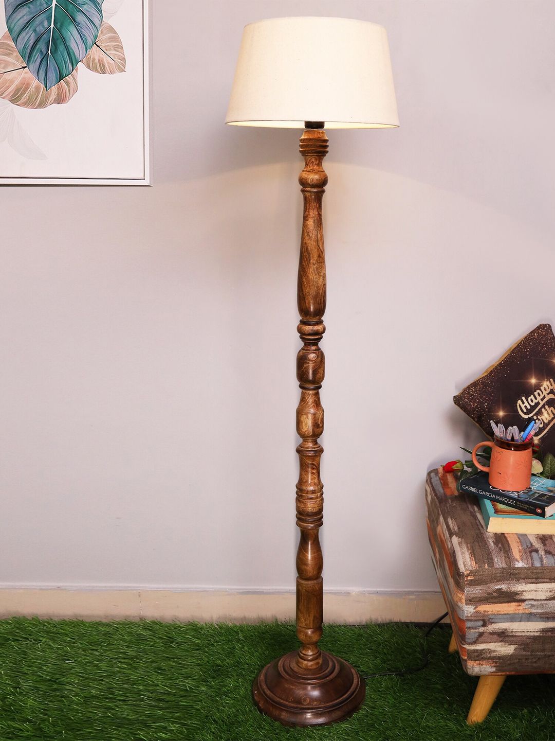 Homesake White  Wooden Floor Lamp with Khadi Shade Price in India
