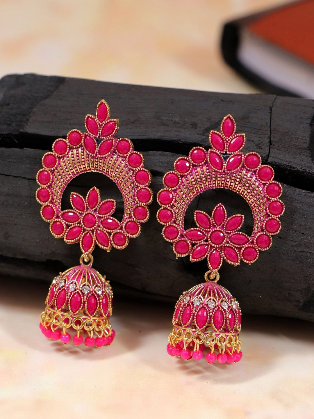 Crunchy Fashion Gold-Plated Pink Kundan Studded Dome Shaped Jhumkas Earrings Price in India