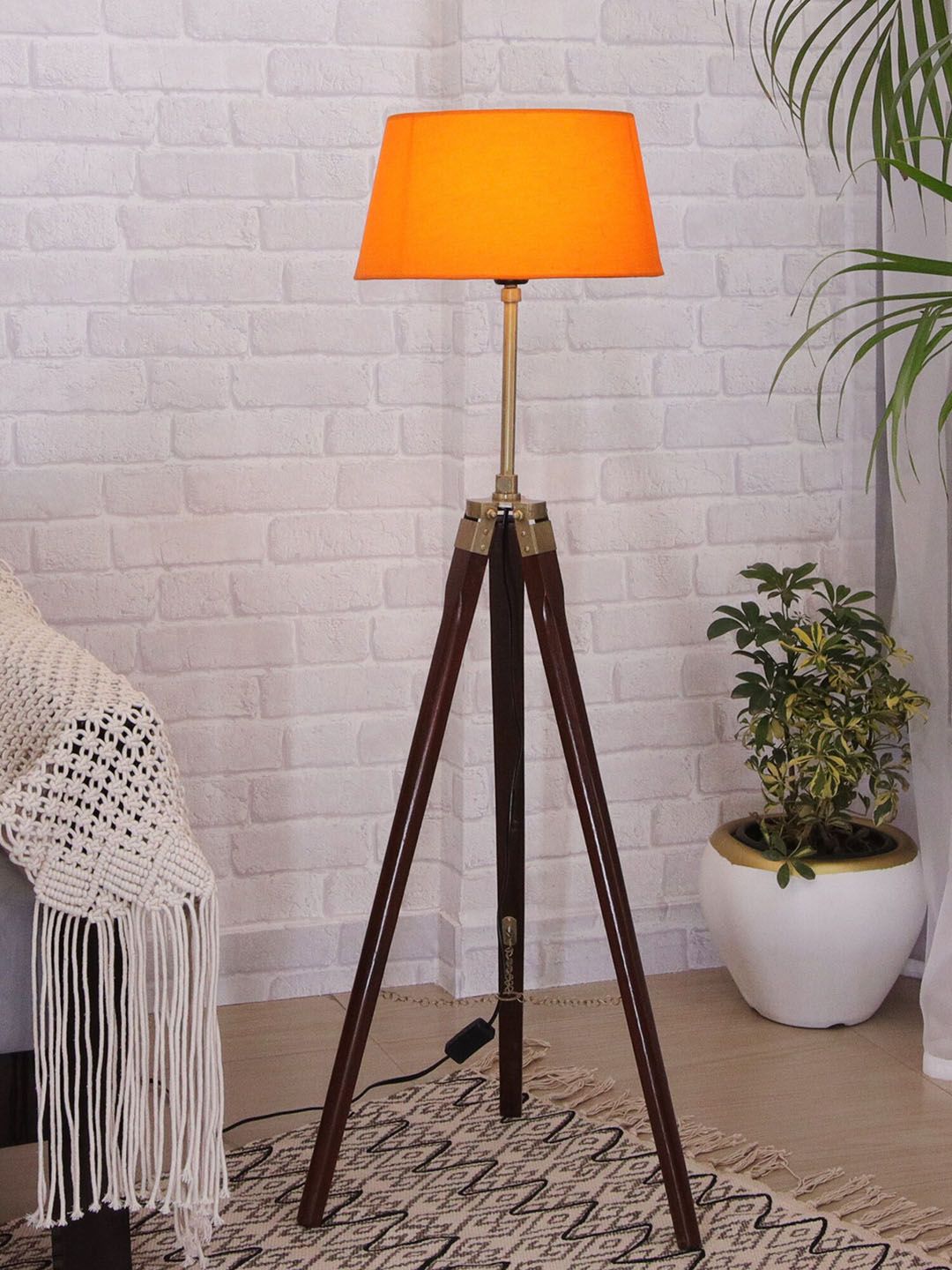 Homesake Orange & Brown Wooden Tripod Floor Lamp Brass Finish with Shade Price in India