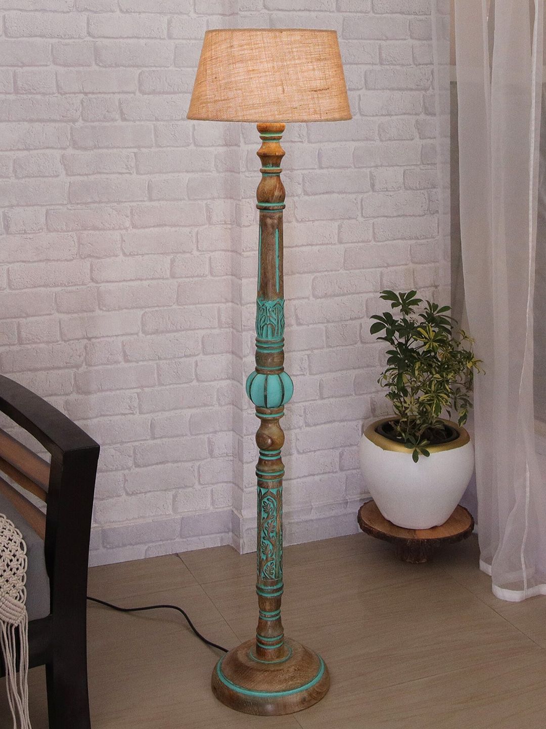 Homesake Brown & Blue Royal Carving Antique Algae Finish Wooden Floor Lamp With Shade Price in India