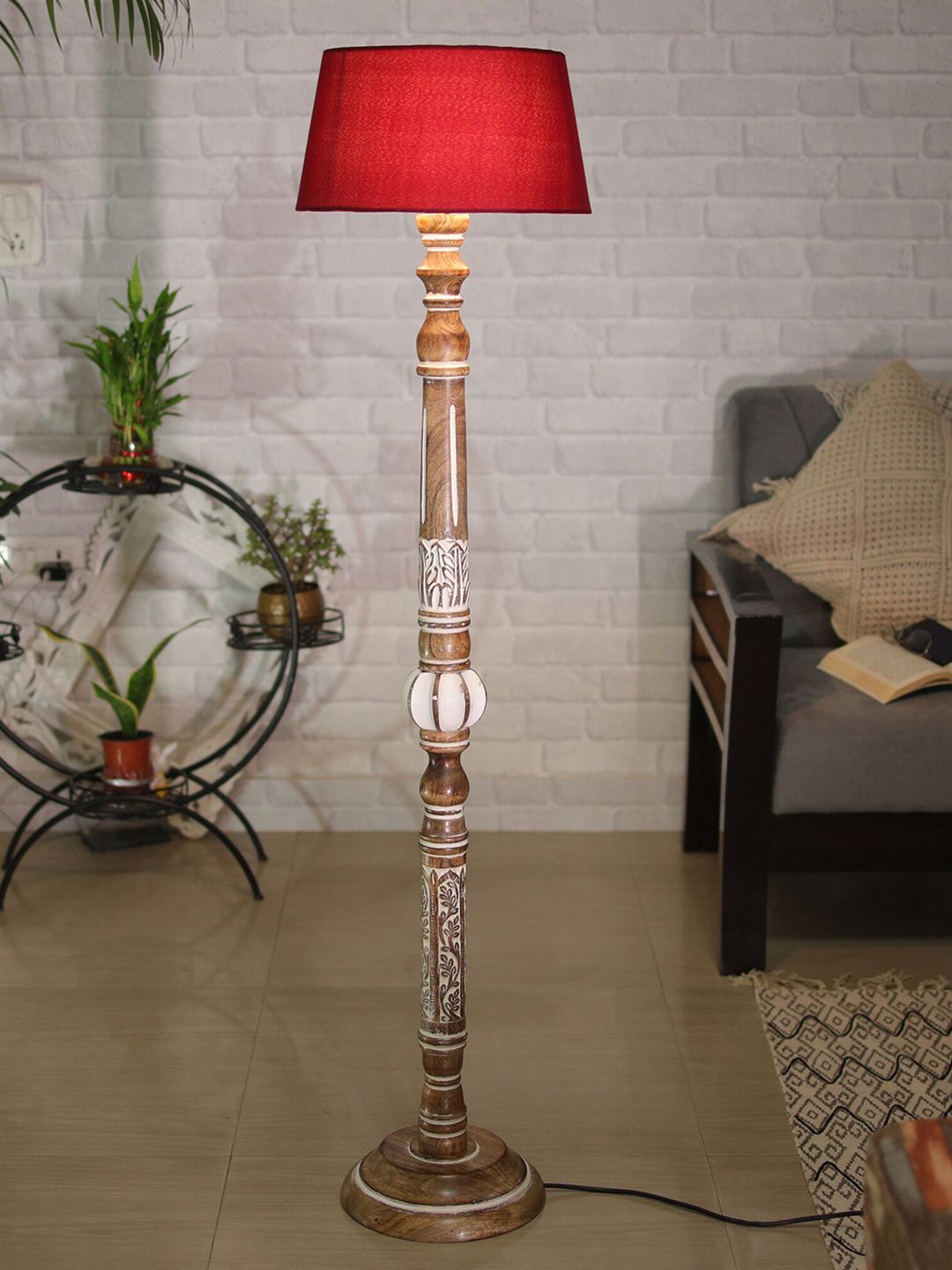 Homesake Red Shade Contemporary Wooden Floor Lamp Price in India