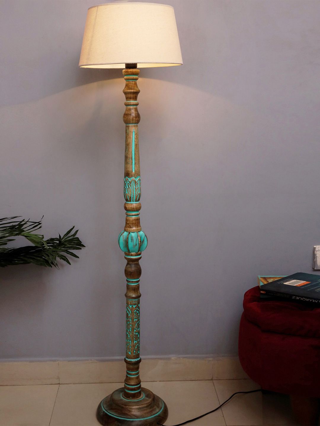 Homesake Beige & Turquoise Blue Royal Carving Wooden Floor Lamp With Shade & Bulb Price in India