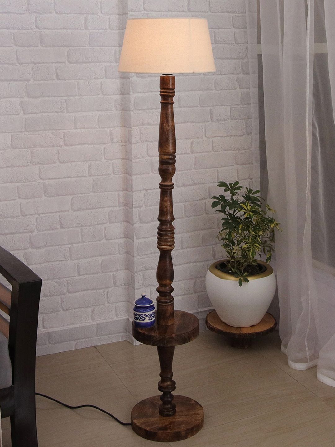 Homesake Brown Classic Round Wooden Floor Lamp with Khadi Shade Price in India