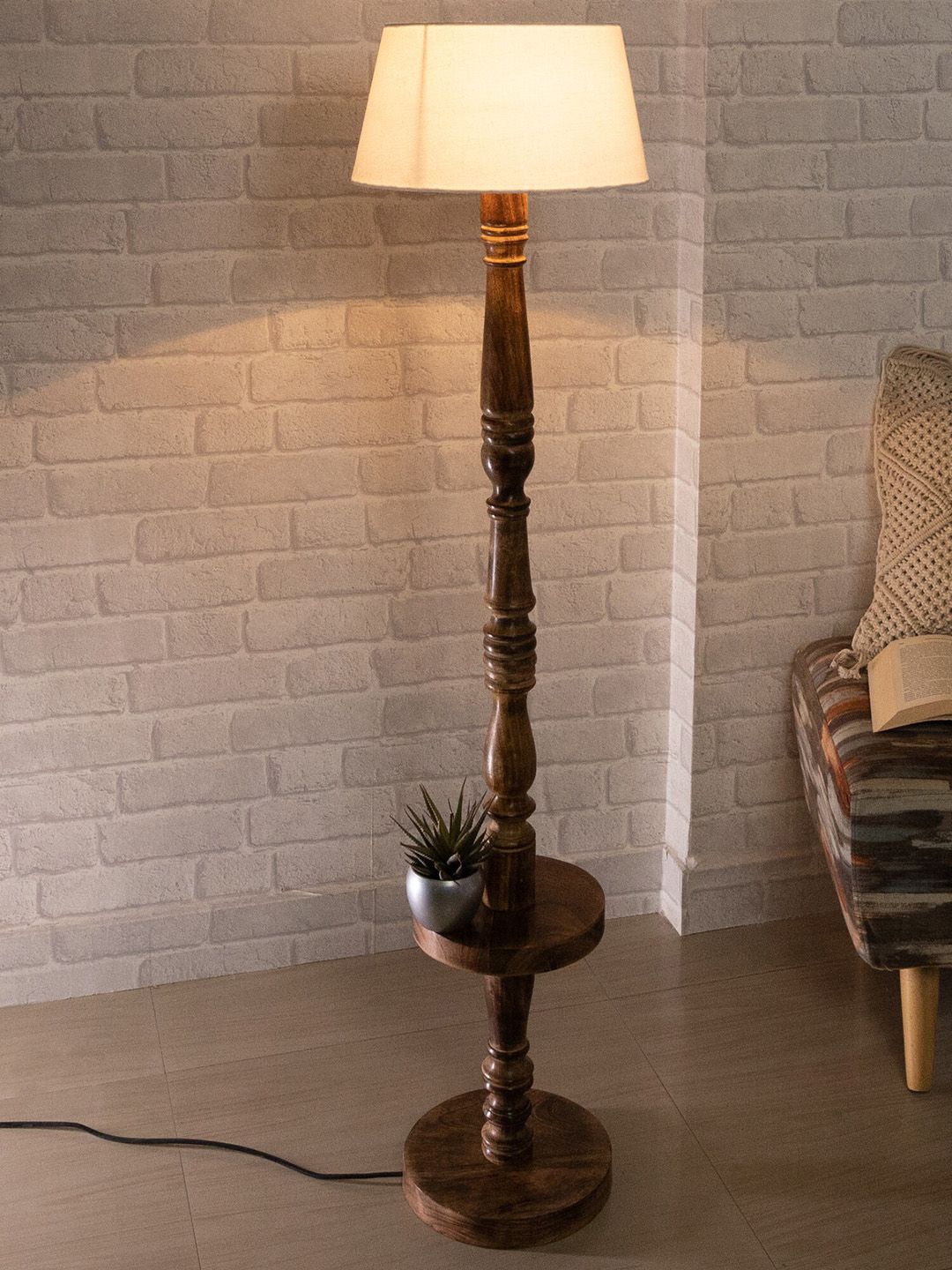 Homesake White & Black Classic Round Mabel Wooden Floor Lamp Price in India