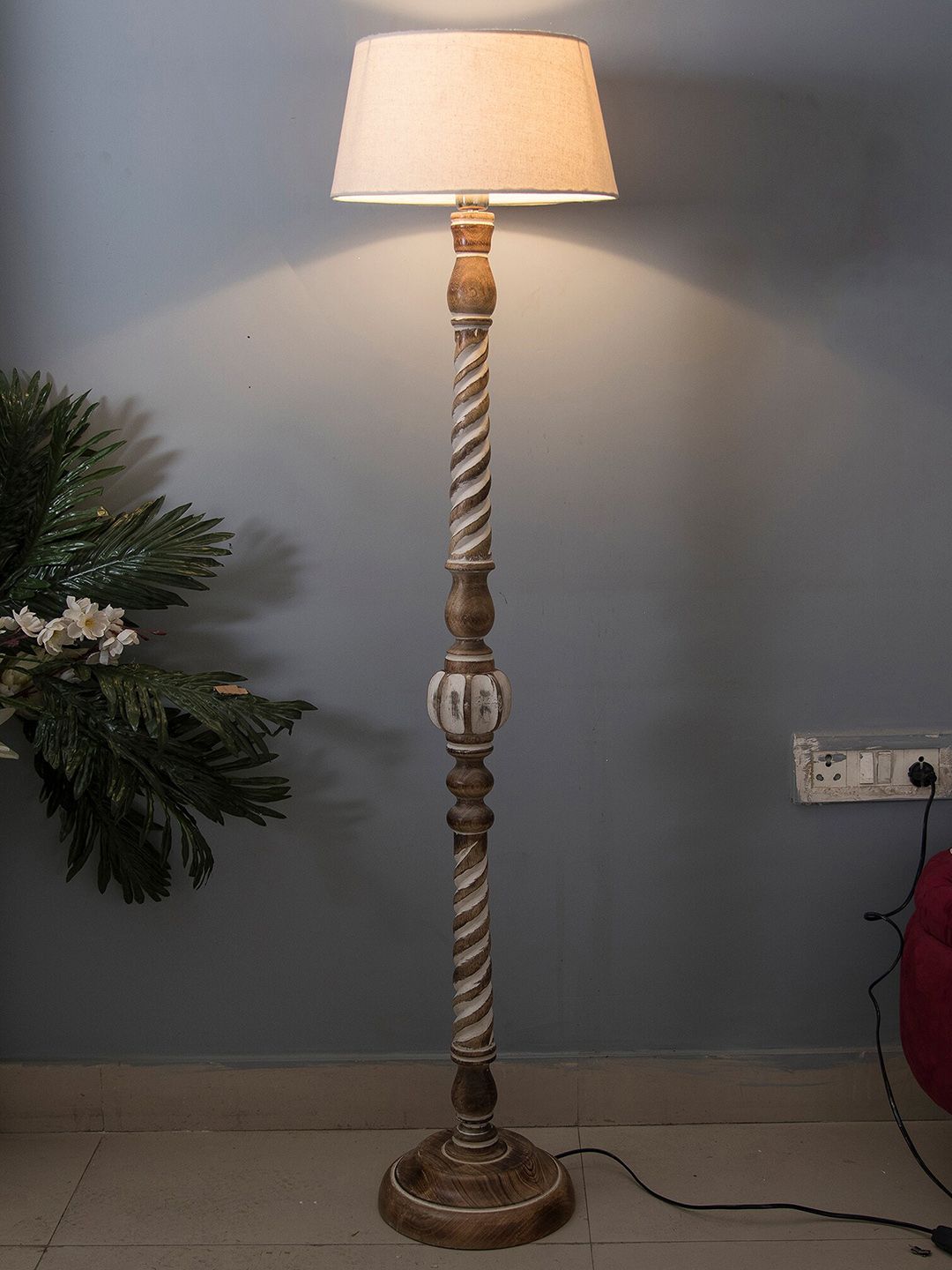 Homesake White & Brown Solid Contemporary Wooden Floor Lamp Price in India